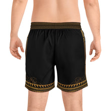 Load image into Gallery viewer, Dragon Border Swim Shorts — Black &amp; Gold Mid-Length Men's Swim Trunks