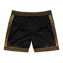 Load image into Gallery viewer, Dragon Border Swim Shorts — Black &amp; Gold Mid-Length Men's Swim Trunks