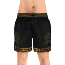 Load image into Gallery viewer, Dragon Border Swim Shorts — Black &amp; Gold Mid-Length Men's Swim Trunks