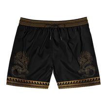 Load image into Gallery viewer, Dragon Border Swim Shorts — Black &amp; Gold Mid-Length Men's Swim Trunks
